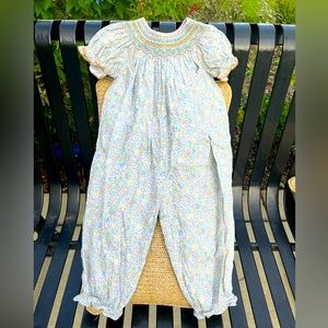 Beautiful 24M Petit Bébé smocked romper. Perfect for fall, winter, & spring